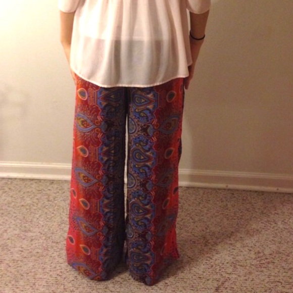Pants - Coral Paisley Print Wide Leg Pants